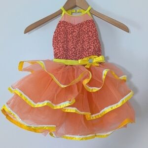 New Weissman Coral Yellow Sequin Tutu Dance Costume Ruffle Skirt Halter Dress